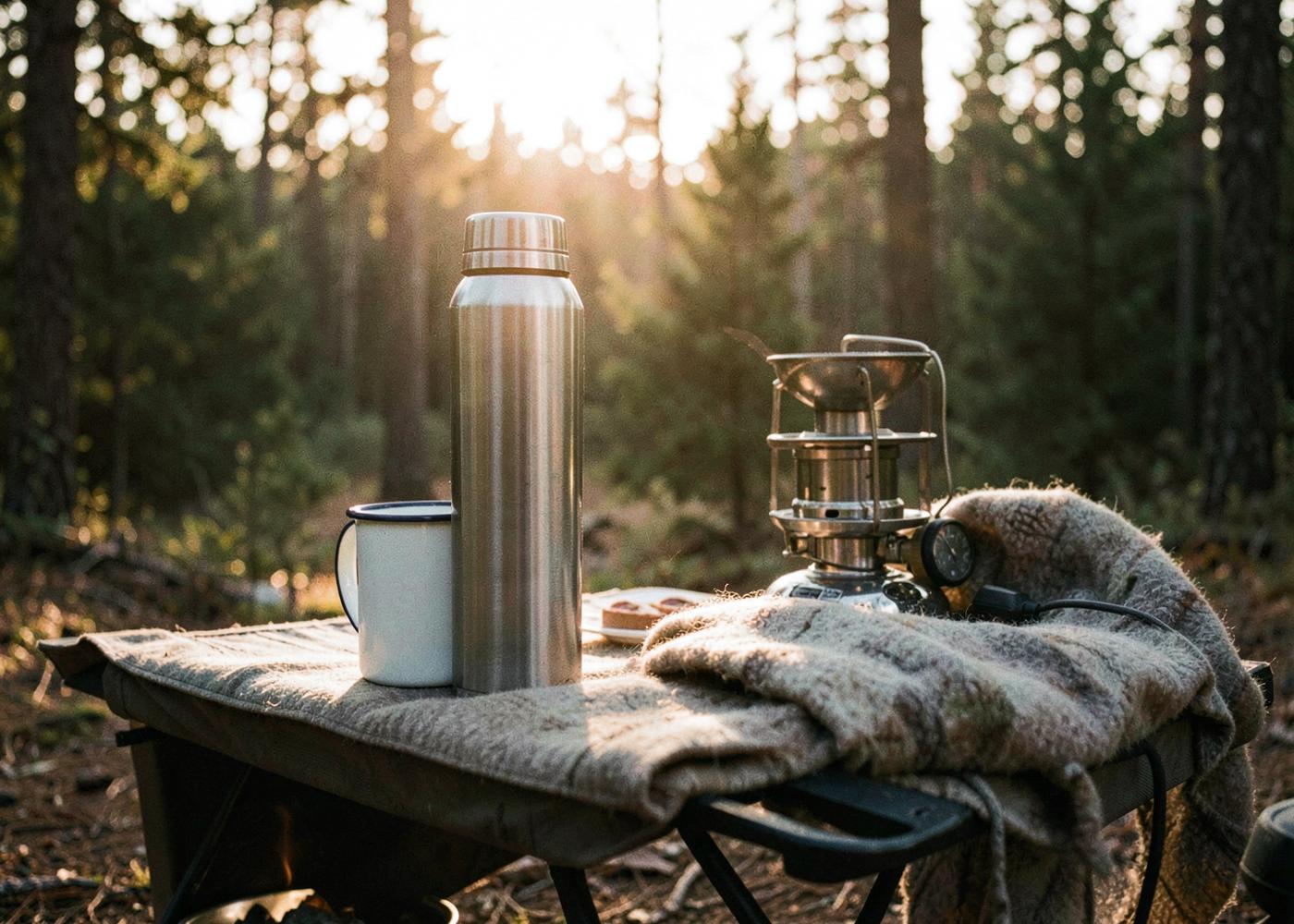 Camp gear on a wooden table